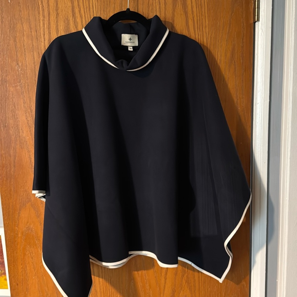 TUCKERNUCK Womens White Leather Trim Funnel Neck Piper Poncho Navy One Size